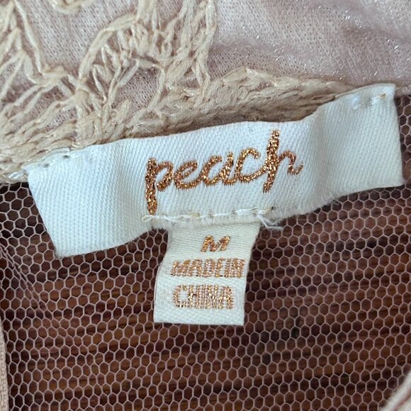 Sheer Mock Neck Long Sleeve Peach Floral Lace Top Built-in Cami Size Medium - Picture 4 of 14